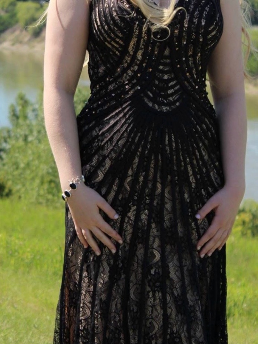 Camille La Vie Black Lace Maxi Dress with Sheer Overlay